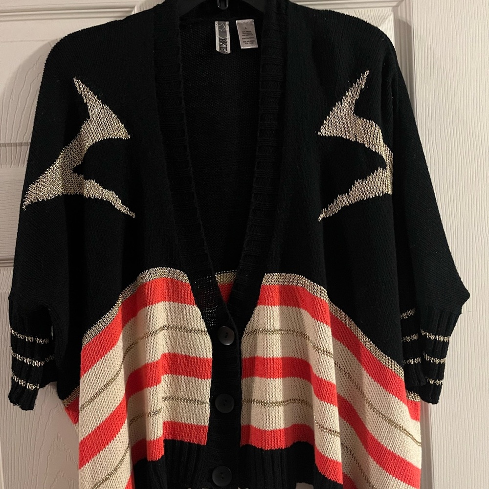 BKE Vintage Black Coral Striped Cardigan with Gold lighting bolt